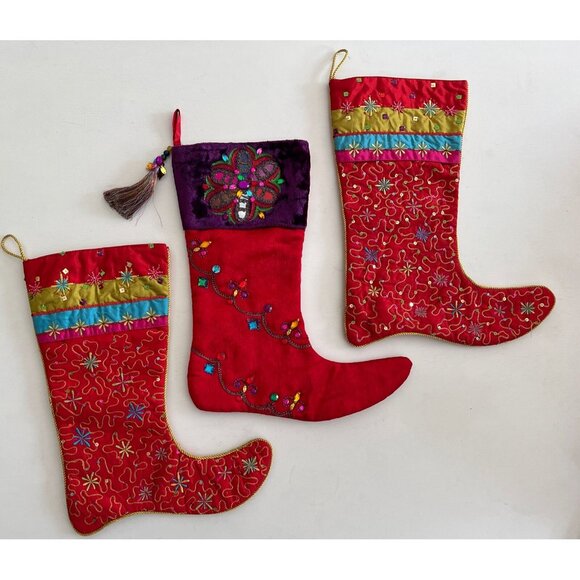 Pier 1 Imports Christmas Stocking Set of 3 Kitschy Multicolored Sequined Beaded - Picture 14 of 16